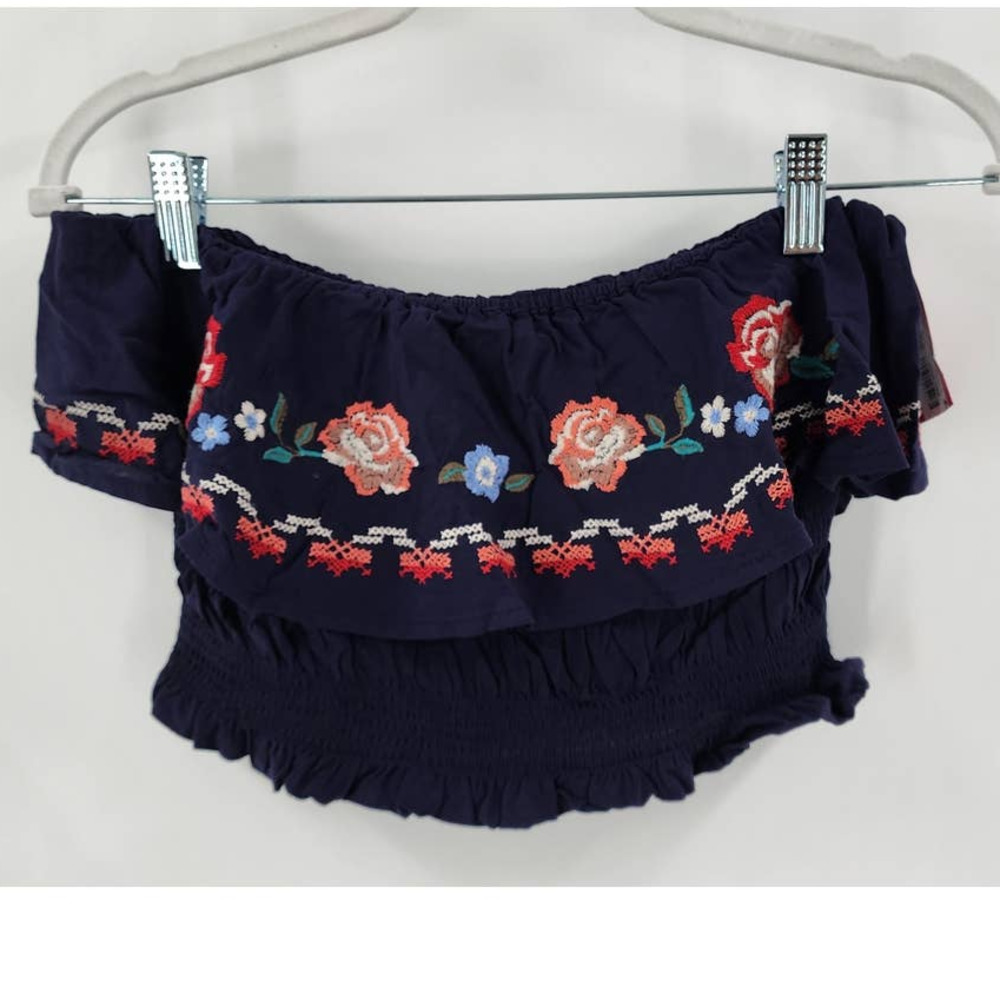 NWT New Xhiliration Navy / Blue Faux Needle Point Embroidered Tube Top Ruffled M
